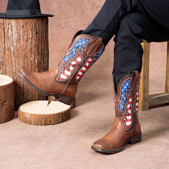 Men\'s Brown 1 Western Boot Side Zipper American Flag Retro Square Toe Mid-Calf main image 6